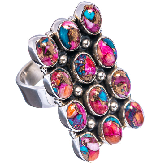 Adjustable .925 sterling silver ring with oval multicolor gemstone cabochons, side view