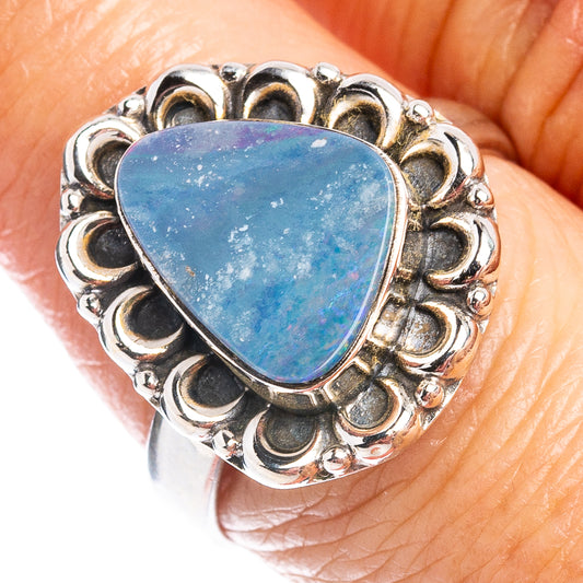 Opal doublet ring with heart blue stone, ornate .925 sterling silver setting