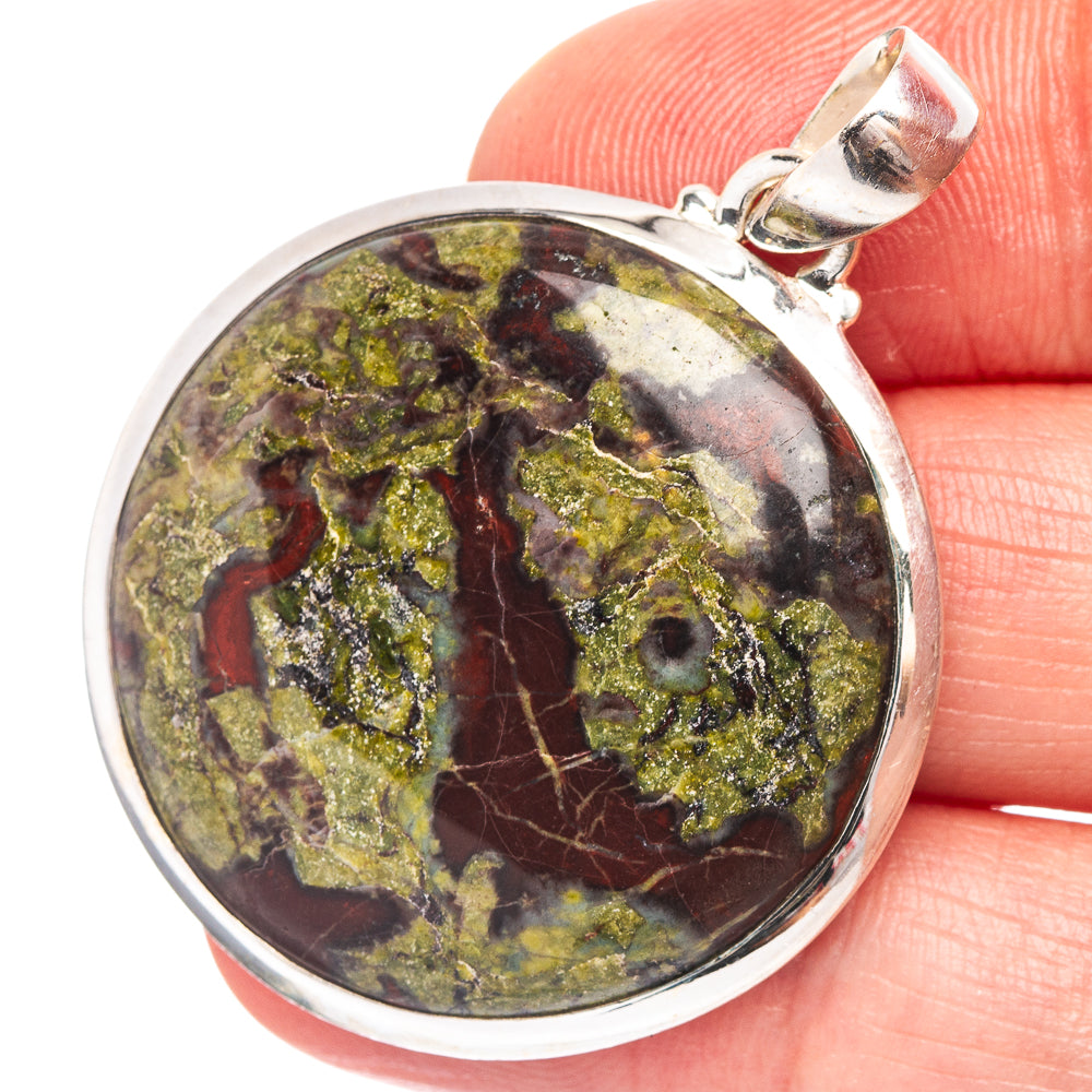 Sterling silver oval stone pendant with marbled dragon-blood red, green, and gold