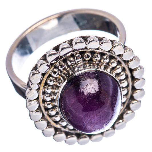 Sterling silver adjustable ring with round purple gemstone cabochon and bead border