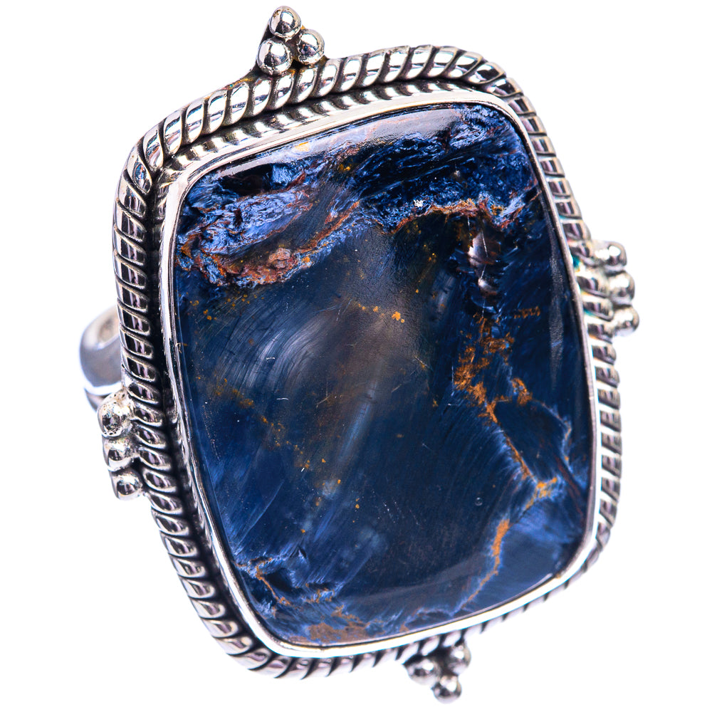 Sterling silver oval ring with blue pietersite cabochon and twisted rope bezel