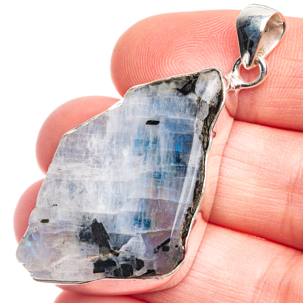 Raw rainbow moonstone pendant in 925 sterling silver, raw blue-white stone with bail