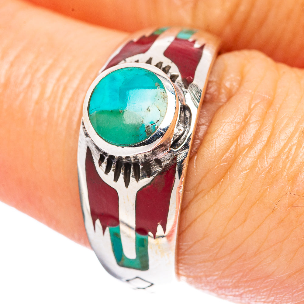 Sterling silver turquoise ring with oval bezel, engraved rope edge and red/green inlay