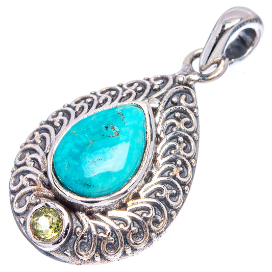 Sterling silver teardrop pendant with Kingman turquoise oval stone, peridot side stones, bail