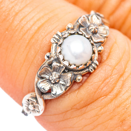 Cultured pearl ring with round white pearl and floral beaded sterling silver band