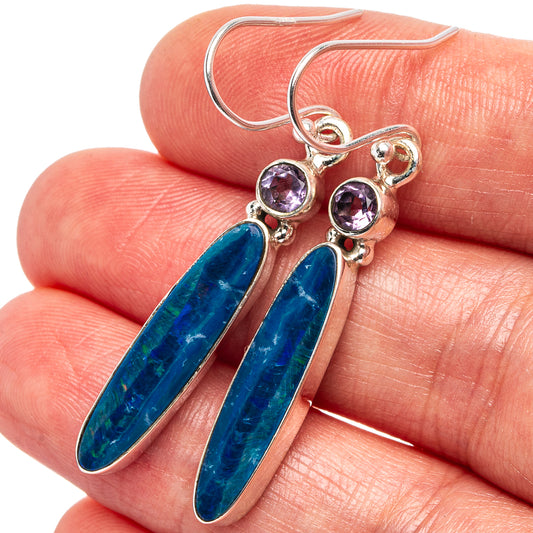 Sterling silver amethyst and blue opal drop earrings with purple round stones