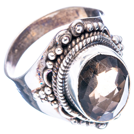 Smoky quartz ring, size 9.25, .925 sterling silver, dark faceted oval stone and ornate band
