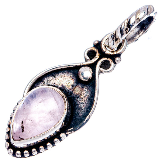 Rose quartz pendant, oval pink stone on oxidized silver teardrop frame with prongs