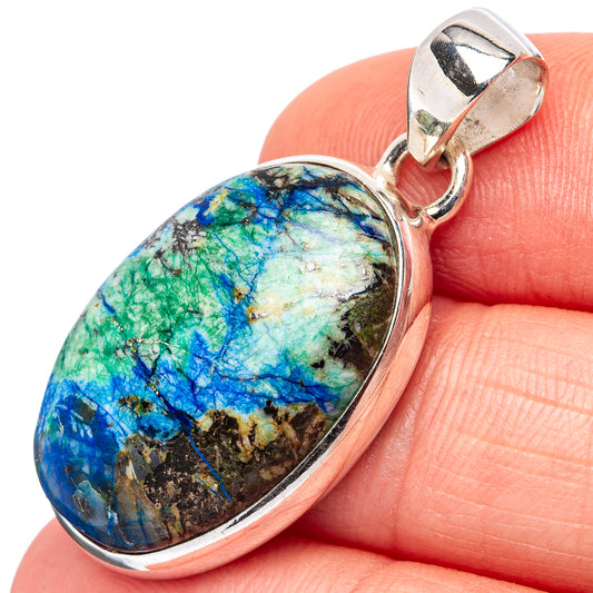 Oval azurite stone pendant in sterling silver bezel with bail detail