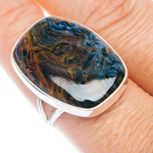 Sterling silver ring with oval pietersite cabochon, dark blue and brown swirls