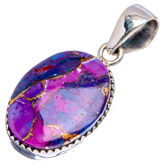 Oval purple and blue turquoise stone pendant in sterling silver, angled view