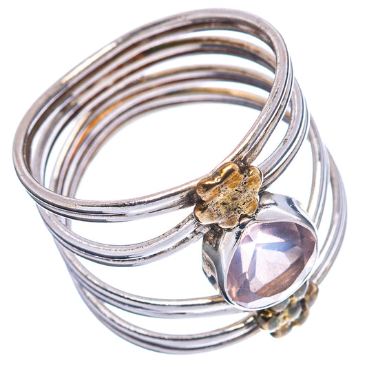 Sterling silver multi-band ring with teardrop rose quartz stone and gold flower bezel