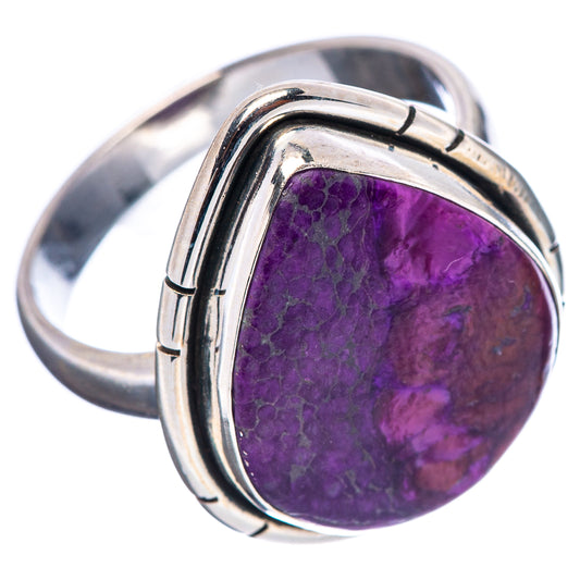 Oval purple sugilite stone ring with .925 sterling silver frame, angled view