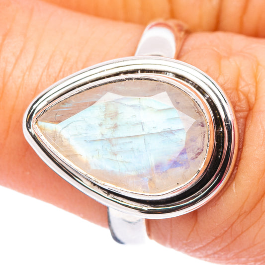 Sterling silver moonstone ring with oval faceted opal-like rainbow stone