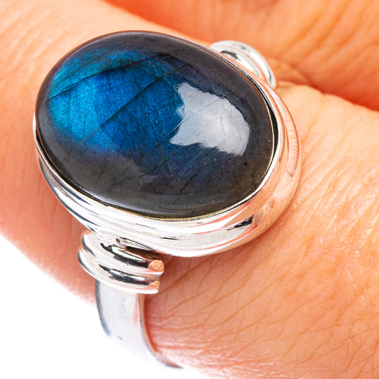 Size 8.75 labradorite oval bezel ring, polished .925 sterling silver, dark blue flash