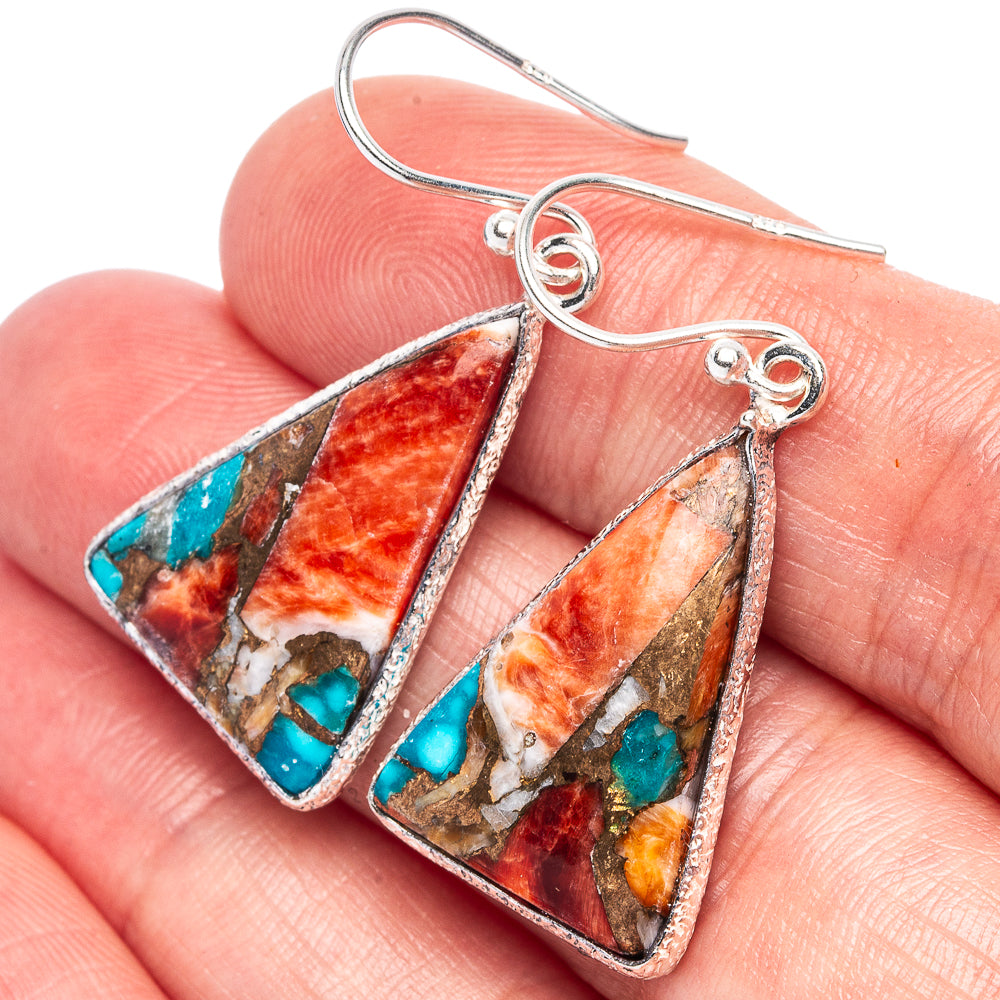 Triangular turquoise, orange, and red inlay drop earrings in sterling silver setting