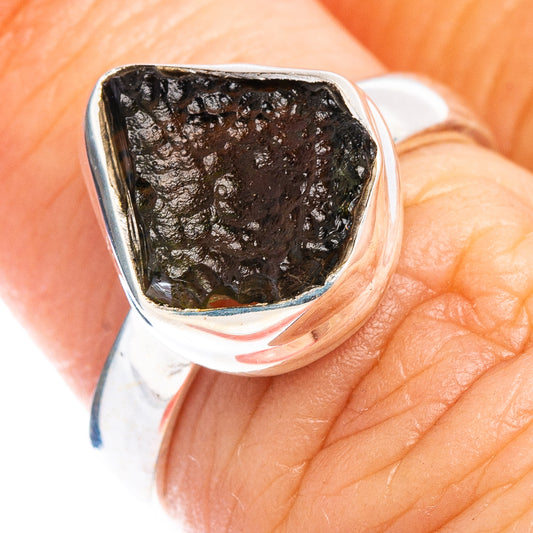 Sterling silver ring with dark rough Moldavite stone, oval bezel