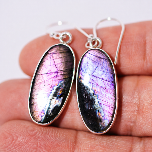 Premium Spectrolite Earrings 1 3/4" (.925 Sterling Silver)