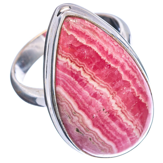 Teardrop rhodochrosite ring, .925 sterling silver, pink striped stone bezel