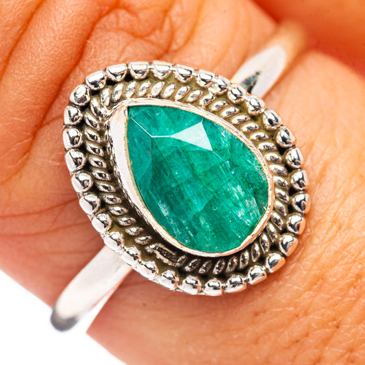 Teardrop green gemstone sterling silver ring with rope-style bezel and halo border