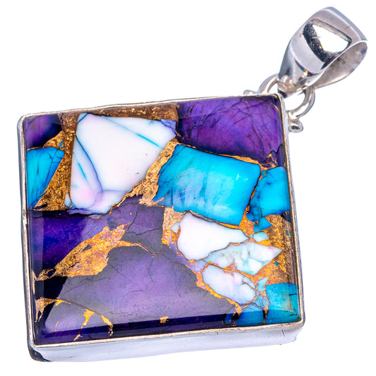Sterling silver square pendant with purple and turquoise mosaic stone inlay, top bail