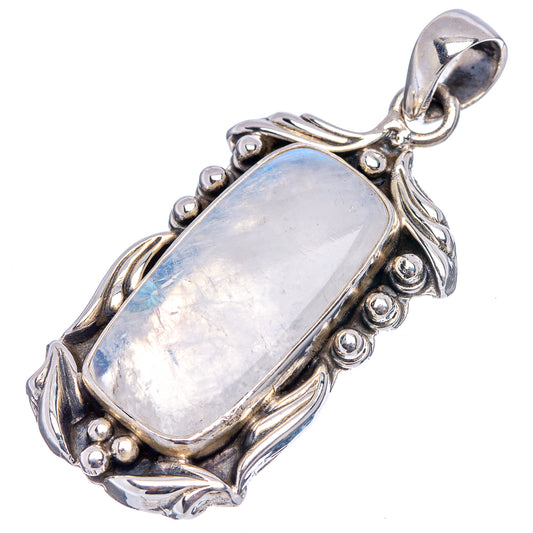 Rainbow moonstone pendant in .925 sterling silver bezel, elongated teardrop shape.
