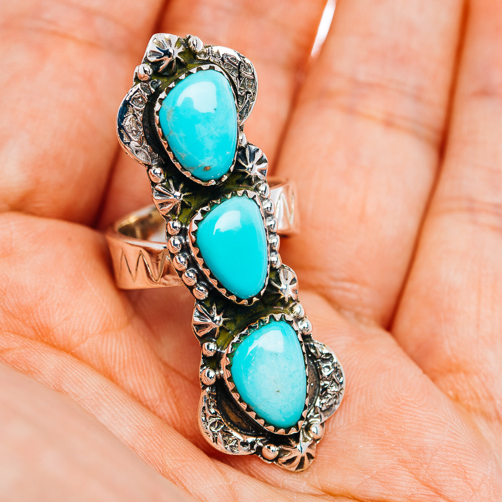 Exclusive Southwestern Style Campitos Turquoise Ring Size 7 Adjustable (.925 Sterling Silver)