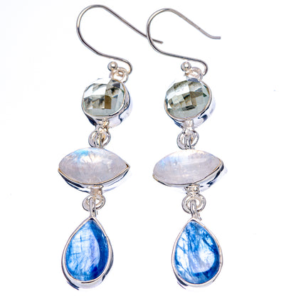 Premium Kyanite, Rainbow Moonstone, White Quartz Earrings 2 1/8" (.925 Sterling Silver)