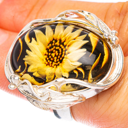 Amber Intaglio Sunflower Ring Size 6 Adjustable (925 Sterling Silver) R3812