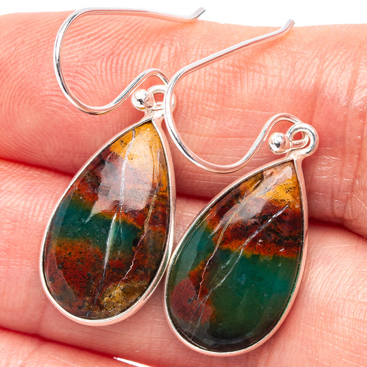 Sterling silver teardrop bloodstone earrings with multicolor polished stone, fishhook back