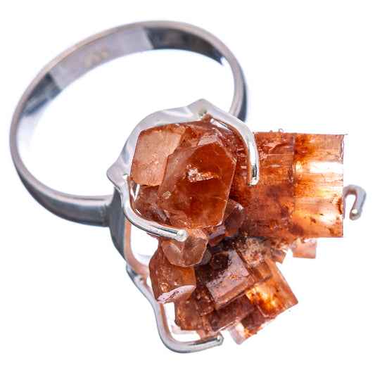 Raw orange aragonite ring, .925 sterling silver setting, open-cut stone cluster