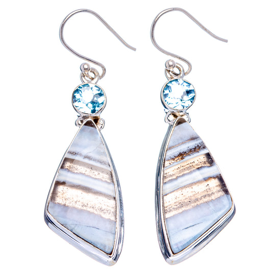 Pair of sterling silver blue topaz and striped opal-like drop earrings