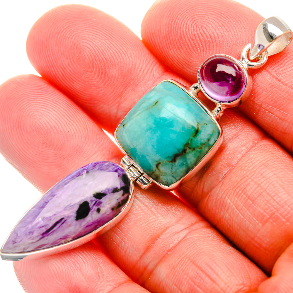 Charoite, Tibetan Turquoise, Amethyst Pendant 2 3/4" (925 Sterling Silver) PD38143