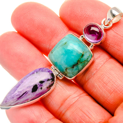 Charoite, Tibetan Turquoise, Amethyst Pendant 2 3/4" (925 Sterling Silver) PD38143