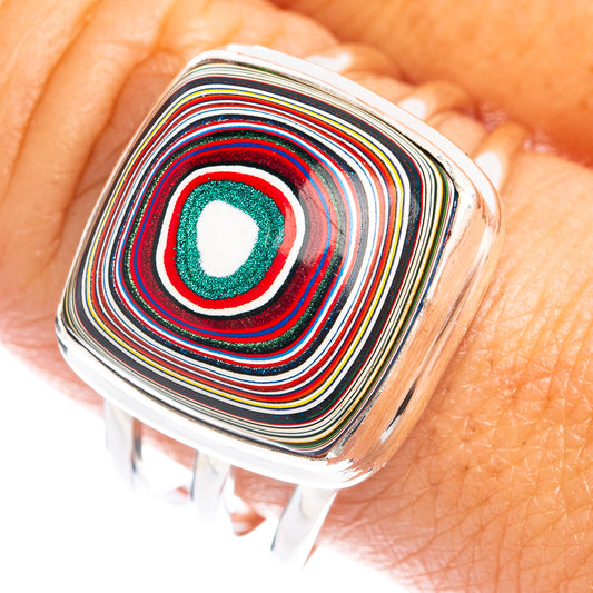 925 sterling silver fordite ring, size 10, concentric multicolor stripes with green center.