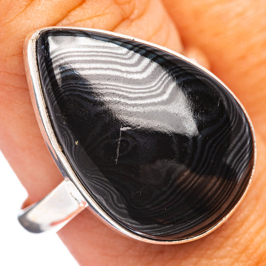 Sterling silver teardrop ring with black striped stone, wide bezel setting