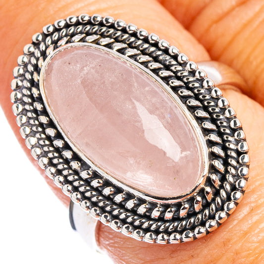 Rose quartz oval statement ring with .925 sterling silver beaded edge, size 8