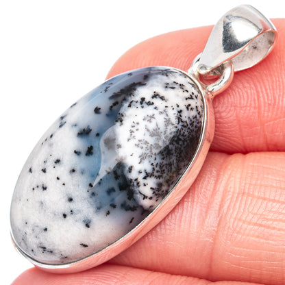 Dendritic opal oval pendant in 925 sterling silver, blue-white stone with dark dendrites