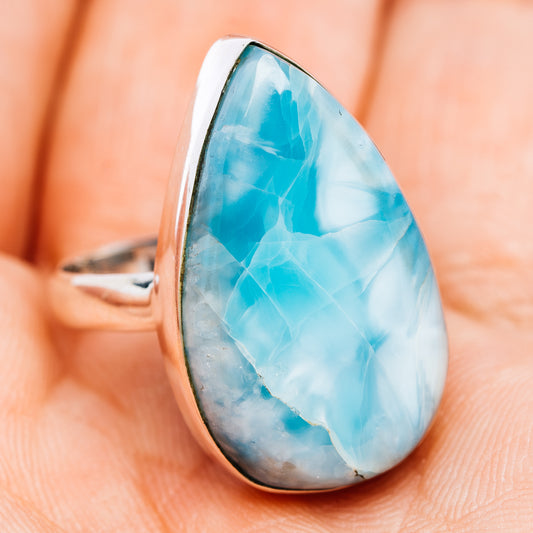Teardrop larimar ring with blue gemstone cabochon and .925 sterling silver band, side view