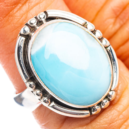 Oval blue larimar gemstone ring in .925 sterling silver with beaded bezel setting