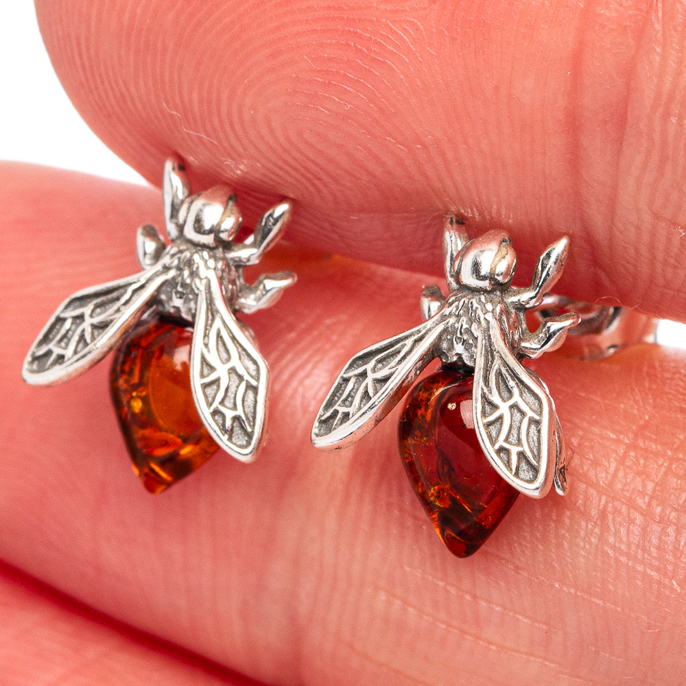 Baltic Amber Honey Bee Earrings 3/8" (.925 Sterling Silver)