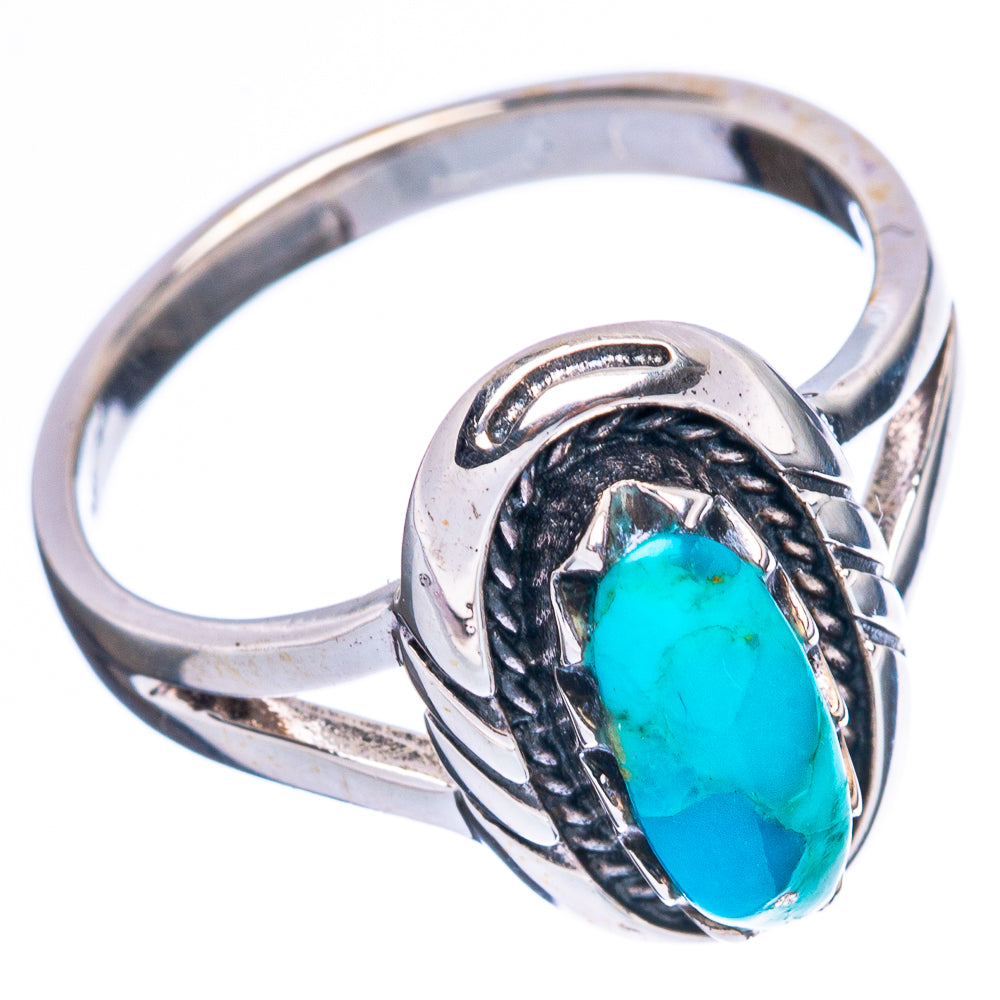 Sterling silver turquoise ring, round blue oval stone in braided metal setting