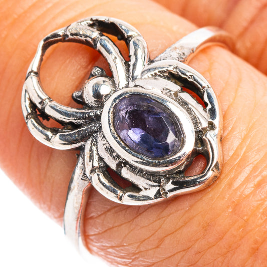 Sterling silver spider dainty ring with oval amethyst center stone, size 8
