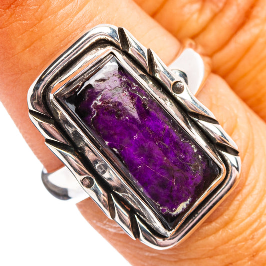 Rectangular sugilite sterling silver ring with vivid purple gemstone, size 7