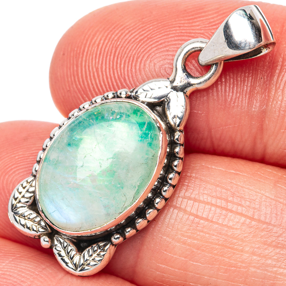 925 sterling silver moonstone pendant with oval green cabochon and beaded frame