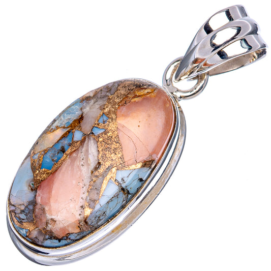 Oval spiny oyster turquoise pendant in sterling silver, blue, pink, white, and brown stone detail