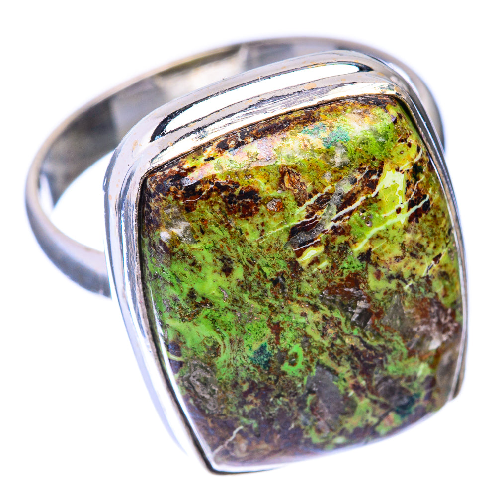 925 sterling silver ring with rectangular green-and-brown speckled gemstone, angled