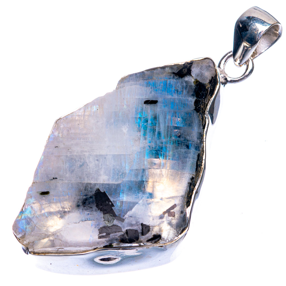 Raw rainbow moonstone pendant, raw blue-white stone with silver bail and loop
