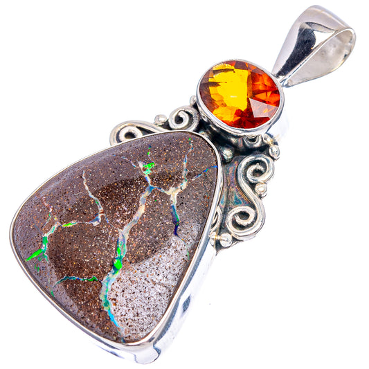 Sterling silver pendant with bezel-set orange citrine and dark boulder opal teardrop