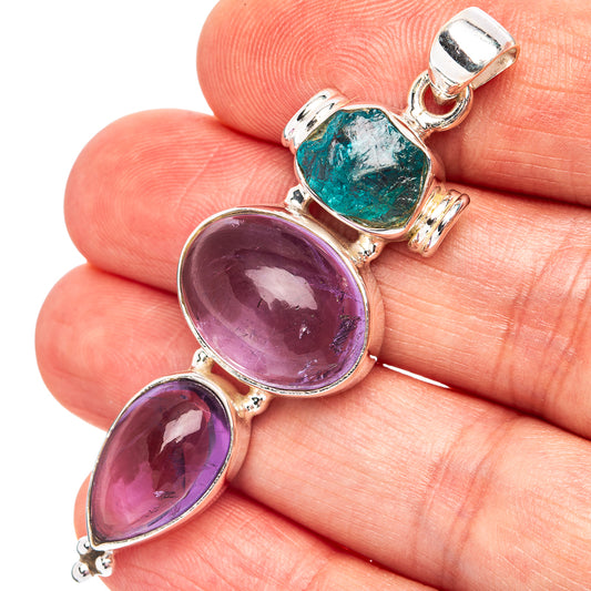 Amethyst and blue fluorite pendant in .925 sterling silver, oval gemstone settings